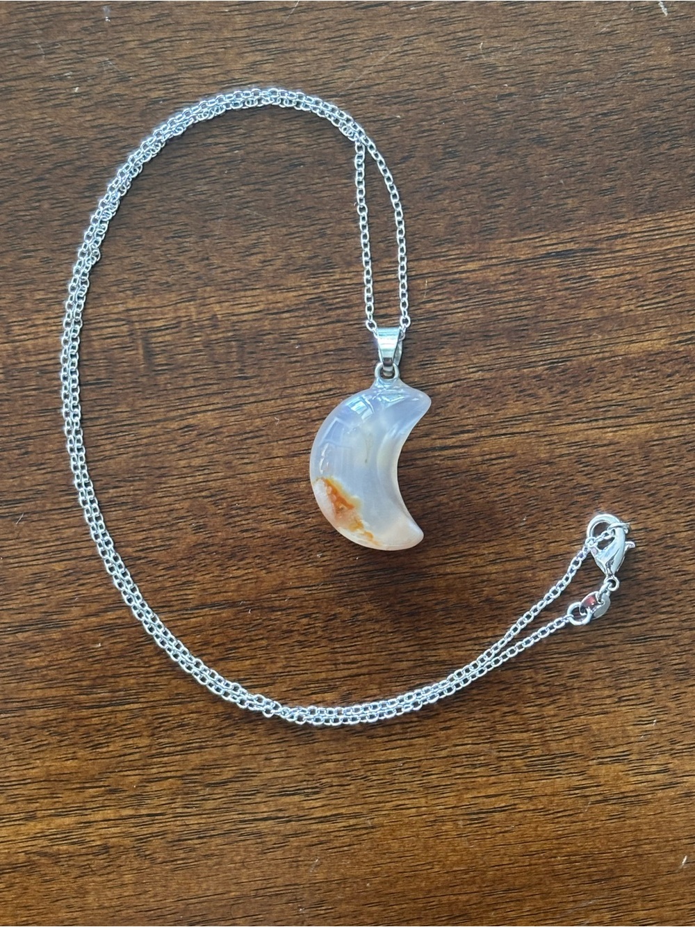 Sterling Silver Chain Moon Crescent Agate Pendant Necklace - White and Orange